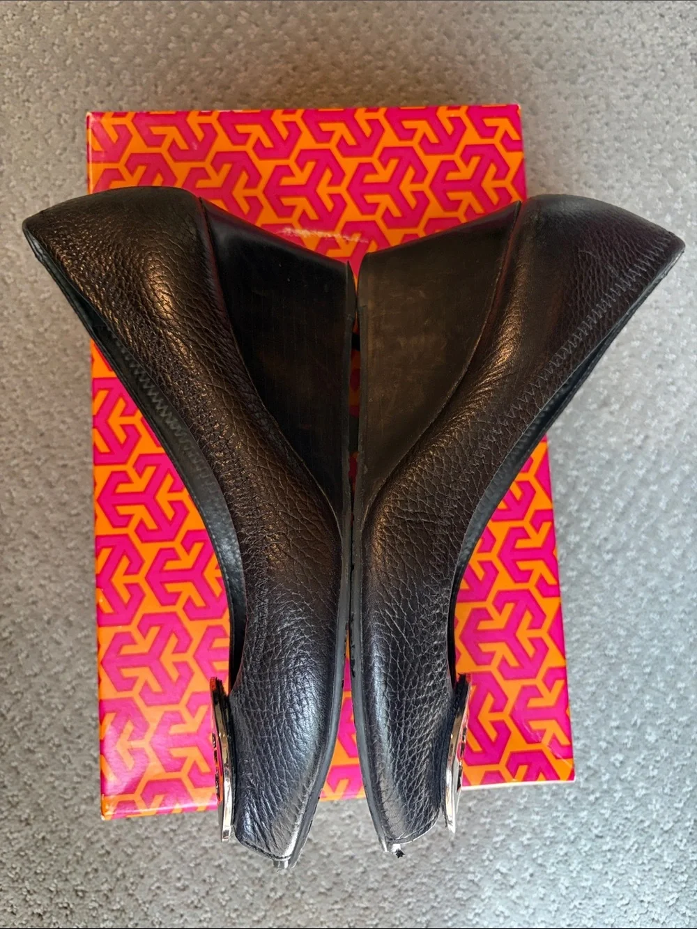 Tory Burch Women's Sally 2 Black Tumbled  Leather Peep Toe Wedges w/ Silver Logo